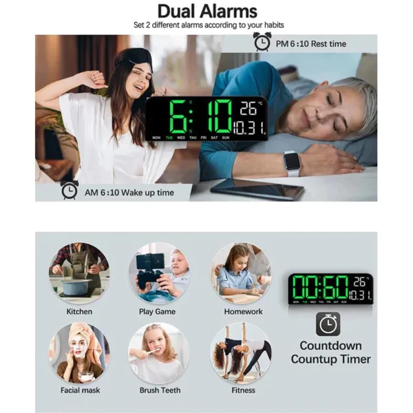 LED Digital Alarm Wall Clock L24cm W3cm H9cm