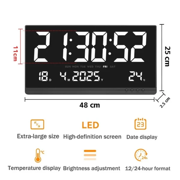 LED Digital Wall Alarm Clock L48cm W2.5cm H25cm
